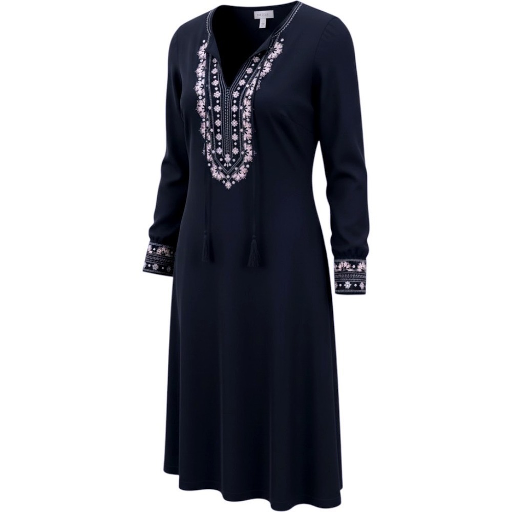 Chicos Navy Blue Embroidered Tassel Shift Dress Size 0 US 4/6 Long Sleeve